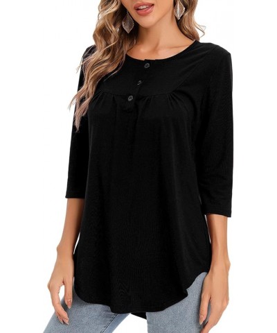 Women's Paisley Printed 3/4 Sleeve Henley V Neck Pleated Casual Flare Tunic Damask Irregular Hem Blouse Shirt Solid Black $13...