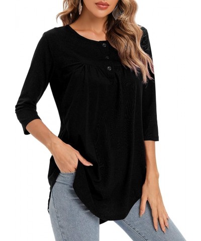 Women's Paisley Printed 3/4 Sleeve Henley V Neck Pleated Casual Flare Tunic Damask Irregular Hem Blouse Shirt Solid Black $13...