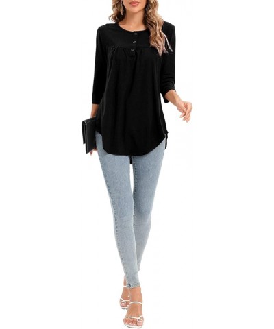 Women's Paisley Printed 3/4 Sleeve Henley V Neck Pleated Casual Flare Tunic Damask Irregular Hem Blouse Shirt Solid Black $13...