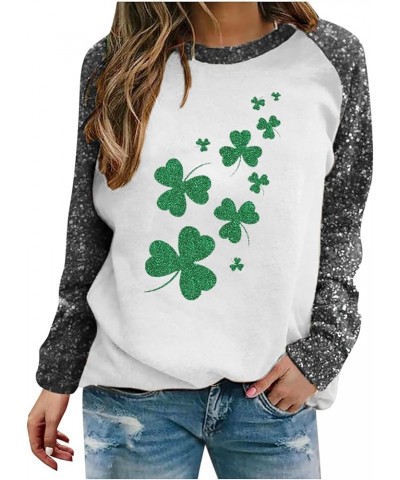 St Patricks Day Sequin Patchwork Sweatshirt for Women Long Sleeve Crewneck Pullover Tops Funny Shamrock Print Blouses 4gray $...