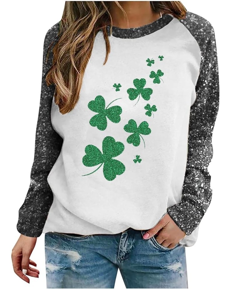 St Patricks Day Sequin Patchwork Sweatshirt for Women Long Sleeve Crewneck Pullover Tops Funny Shamrock Print Blouses 4gray $...