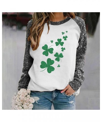 St Patricks Day Sequin Patchwork Sweatshirt for Women Long Sleeve Crewneck Pullover Tops Funny Shamrock Print Blouses 4gray $...