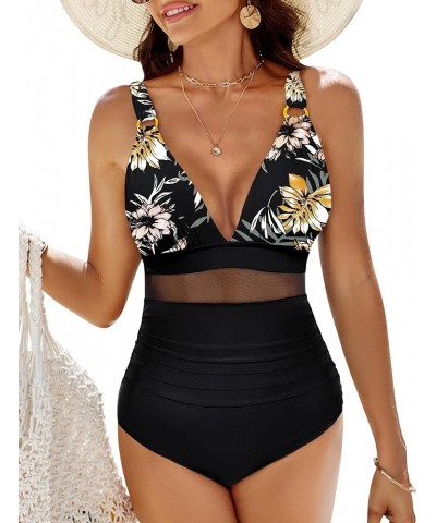 Women's Tummy Control Swimsuit Mesh Sexy One Piece Bathing Suits V-Neck Slimming Swimwear A-Ruched Floral37 $17.99 Swimsuits