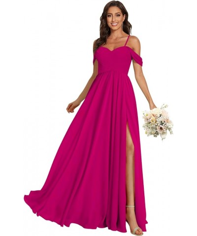 Women's Off The Shoulder Bridesmaid Dresses with Slit 2024 Long Chiffon Formal Party Dress for Wedding Fuchsia $37.79 Dresses