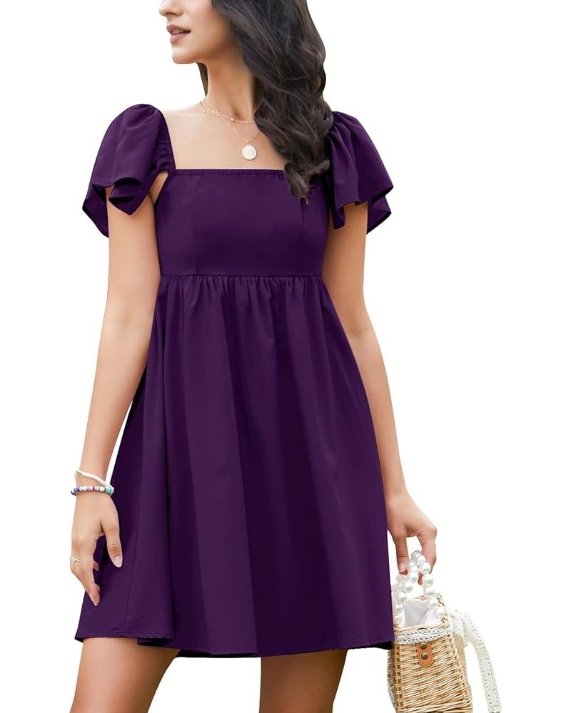 Womens 2024 Casual Short Sleeve Square Neck Cap Sleeve Dress High Waist A-Line Summer Smocked Back Mini Dresses Dark Purple $...