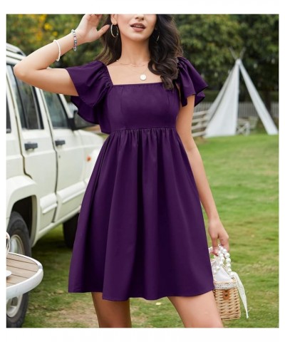 Womens 2024 Casual Short Sleeve Square Neck Cap Sleeve Dress High Waist A-Line Summer Smocked Back Mini Dresses Dark Purple $...