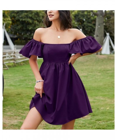 Womens 2024 Casual Short Sleeve Square Neck Cap Sleeve Dress High Waist A-Line Summer Smocked Back Mini Dresses Dark Purple $...