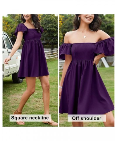 Womens 2024 Casual Short Sleeve Square Neck Cap Sleeve Dress High Waist A-Line Summer Smocked Back Mini Dresses Dark Purple $...