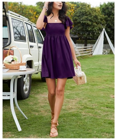 Womens 2024 Casual Short Sleeve Square Neck Cap Sleeve Dress High Waist A-Line Summer Smocked Back Mini Dresses Dark Purple $...