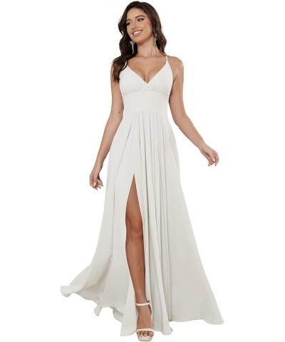 V Neck Satin Bridesmaid Dresses with Silt Long Spaghetti Straps Formal Evening Dresses for Women 2024 QA122 White $28.06 Dresses