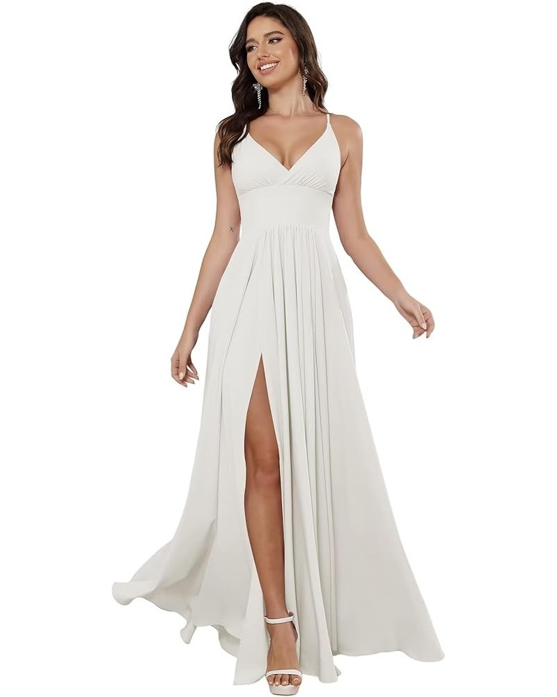 V Neck Satin Bridesmaid Dresses with Silt Long Spaghetti Straps Formal Evening Dresses for Women 2024 QA122 White $28.06 Dresses