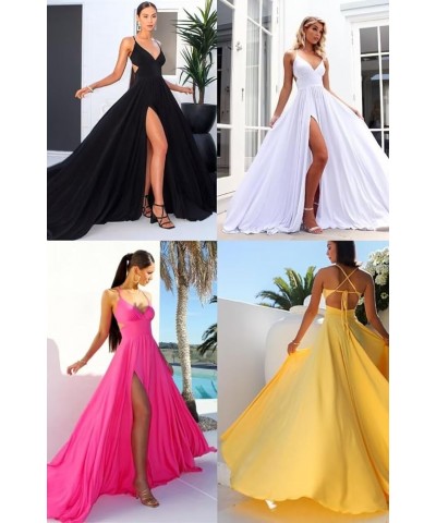 V Neck Satin Bridesmaid Dresses with Silt Long Spaghetti Straps Formal Evening Dresses for Women 2024 QA122 White $28.06 Dresses