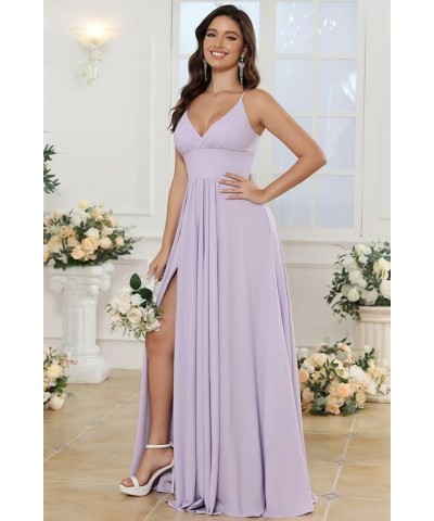 V Neck Satin Bridesmaid Dresses with Silt Long Spaghetti Straps Formal Evening Dresses for Women 2024 QA122 White $28.06 Dresses