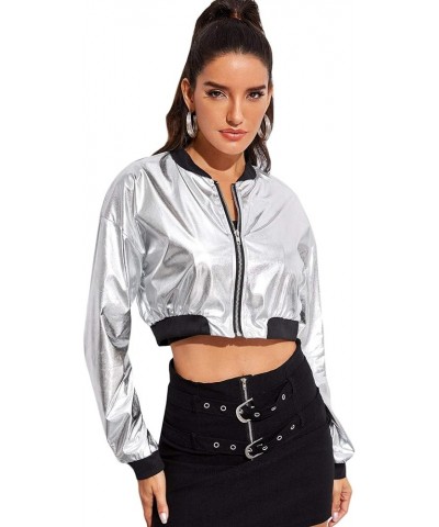 Women's Long Sleeve lightweight Crop Bomber Jacket Silver $14.28 Jackets