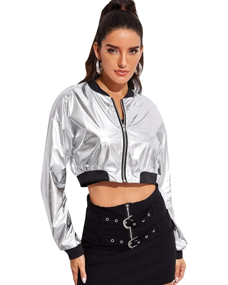 Women's Long Sleeve lightweight Crop Bomber Jacket Silver $14.28 Jackets