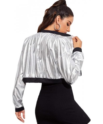 Women's Long Sleeve lightweight Crop Bomber Jacket Silver $14.28 Jackets