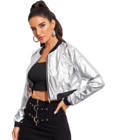 Women's Long Sleeve lightweight Crop Bomber Jacket Silver $14.28 Jackets