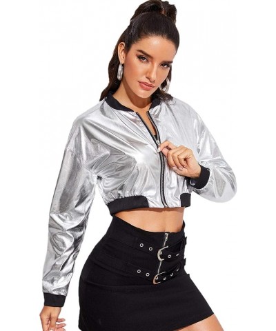 Women's Long Sleeve lightweight Crop Bomber Jacket Silver $14.28 Jackets