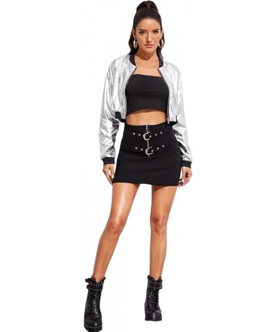 Women's Long Sleeve lightweight Crop Bomber Jacket Silver $14.28 Jackets