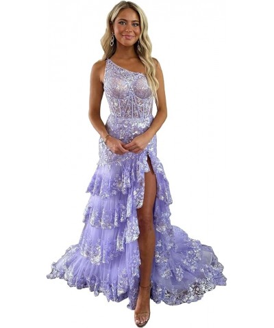 Tiered Lace One Shoulder Prom Dresses for Woman 2024 Tulle A-Line Formal Dress with Silt Lavender $44.94 Dresses