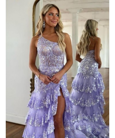 Tiered Lace One Shoulder Prom Dresses for Woman 2024 Tulle A-Line Formal Dress with Silt Lavender $44.94 Dresses