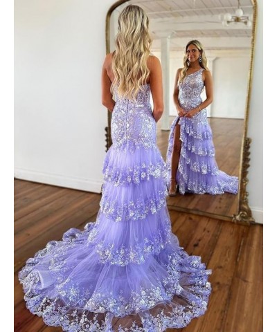 Tiered Lace One Shoulder Prom Dresses for Woman 2024 Tulle A-Line Formal Dress with Silt Lavender $44.94 Dresses