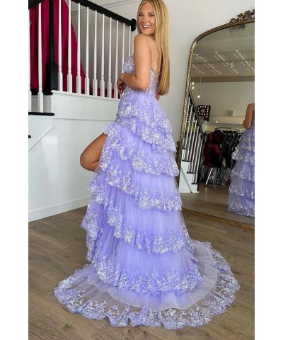 Tiered Lace One Shoulder Prom Dresses for Woman 2024 Tulle A-Line Formal Dress with Silt Lavender $44.94 Dresses