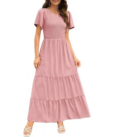 Women Summer Round Neck Flutter Short Sleeve Smocked Ruffle Tiered Solid Color Maxi Long Dress 2023 Dusty Pink $23.48 Dresses