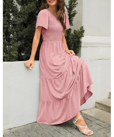 Women Summer Round Neck Flutter Short Sleeve Smocked Ruffle Tiered Solid Color Maxi Long Dress 2023 Dusty Pink $23.48 Dresses