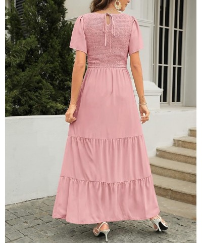 Women Summer Round Neck Flutter Short Sleeve Smocked Ruffle Tiered Solid Color Maxi Long Dress 2023 Dusty Pink $23.48 Dresses