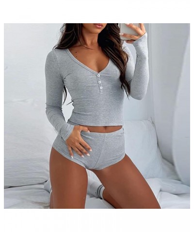 Women Ribbed Knit 2 Piece Outfits Short Sleeve Solid Slim Fit Shirt Top High Waist Shorts Set Streetwear Ribbed Light Grey 05...