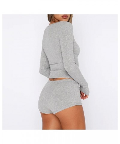 Women Ribbed Knit 2 Piece Outfits Short Sleeve Solid Slim Fit Shirt Top High Waist Shorts Set Streetwear Ribbed Light Grey 05...