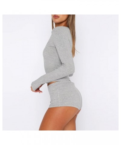 Women Ribbed Knit 2 Piece Outfits Short Sleeve Solid Slim Fit Shirt Top High Waist Shorts Set Streetwear Ribbed Light Grey 05...