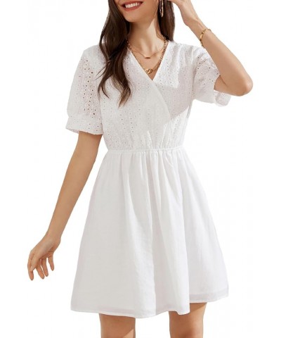 Women's 2024 Summer Dresses Wrap V Neck Puff Sleeve Elastic Waist Casual A Line Wedding Short Mini Dress White $18.90 Dresses