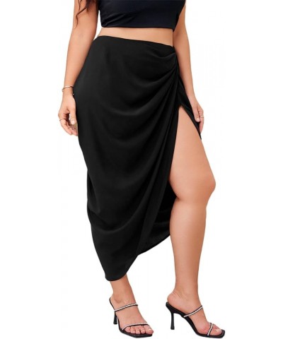 Women's Asymmetrical Hem Ruched High Waist Slit Side Midi Skirt Black Plus $12.42 Skirts