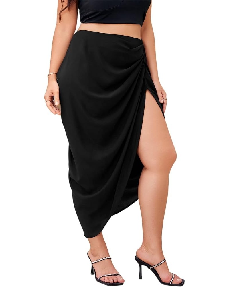 Women's Asymmetrical Hem Ruched High Waist Slit Side Midi Skirt Black Plus $12.42 Skirts