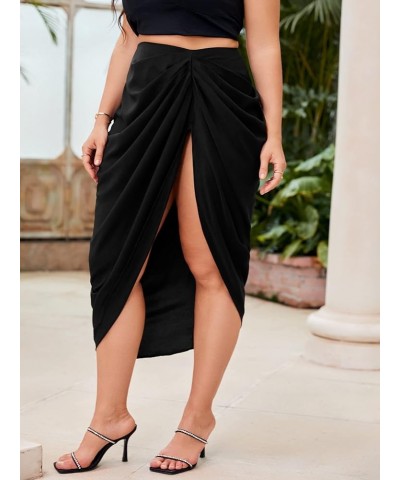 Women's Asymmetrical Hem Ruched High Waist Slit Side Midi Skirt Black Plus $12.42 Skirts