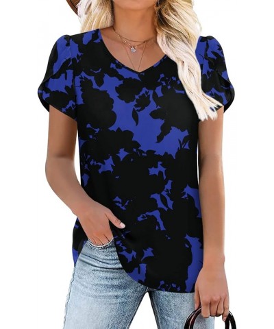 2024 Womens Summer Tops Casual Chiffon Tunics Ruffle Short Sleeve Shirt Loose Comfy T-Shirt Blouse V/Blue Flower $13.02 Tops