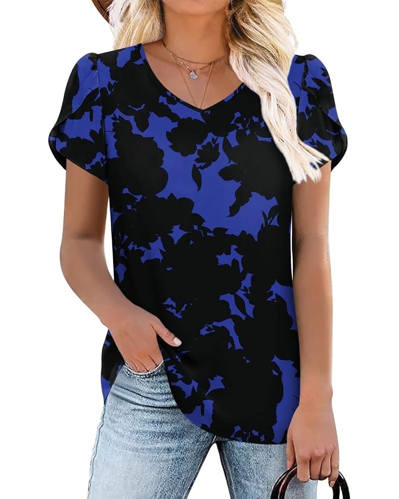 2024 Womens Summer Tops Casual Chiffon Tunics Ruffle Short Sleeve Shirt Loose Comfy T-Shirt Blouse V/Blue Flower $13.02 Tops