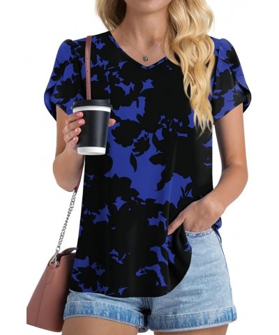 2024 Womens Summer Tops Casual Chiffon Tunics Ruffle Short Sleeve Shirt Loose Comfy T-Shirt Blouse V/Blue Flower $13.02 Tops