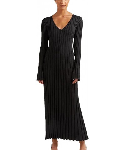 Winter Maxi Sweater Dress Long Sleeve Ribbed Knit Bodycon Sweater Dress for Women V-Neck Midi Wrap Long Dresses Black $28.08 ...