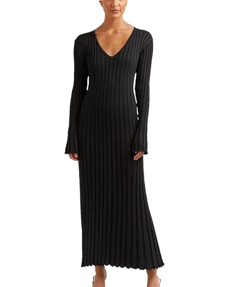 Winter Maxi Sweater Dress Long Sleeve Ribbed Knit Bodycon Sweater Dress for Women V-Neck Midi Wrap Long Dresses Black $28.08 ...