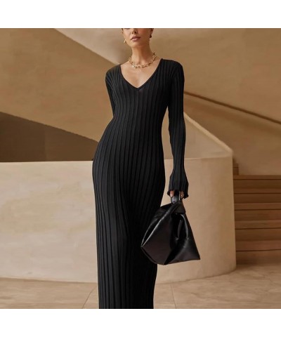 Winter Maxi Sweater Dress Long Sleeve Ribbed Knit Bodycon Sweater Dress for Women V-Neck Midi Wrap Long Dresses Black $28.08 ...