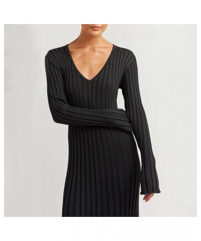 Winter Maxi Sweater Dress Long Sleeve Ribbed Knit Bodycon Sweater Dress for Women V-Neck Midi Wrap Long Dresses Black $28.08 ...