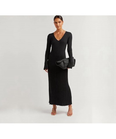 Winter Maxi Sweater Dress Long Sleeve Ribbed Knit Bodycon Sweater Dress for Women V-Neck Midi Wrap Long Dresses Black $28.08 ...