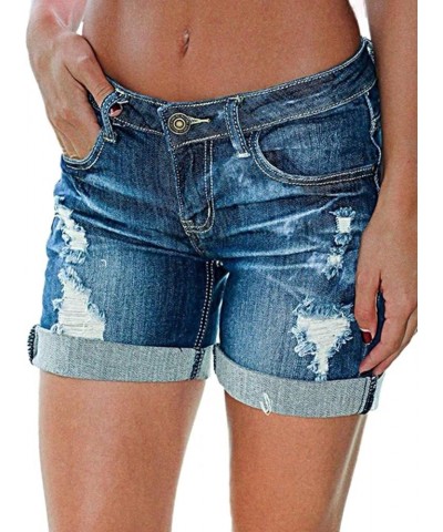 Women's Ripped Cuffed Hem Denim Shorts Low Waist Casual Shorts Mid Blue $11.89 Shorts