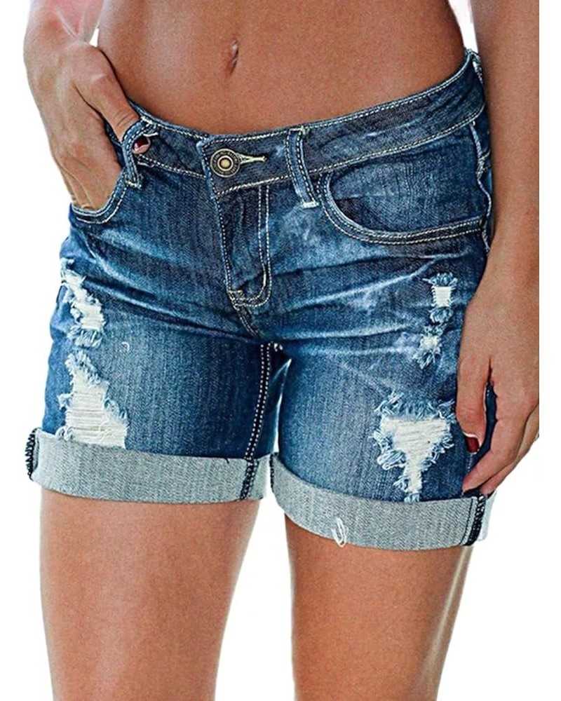 Women's Ripped Cuffed Hem Denim Shorts Low Waist Casual Shorts Mid Blue $11.89 Shorts