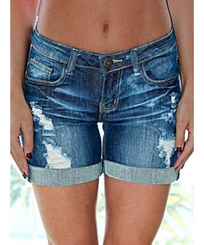 Women's Ripped Cuffed Hem Denim Shorts Low Waist Casual Shorts Mid Blue $11.89 Shorts