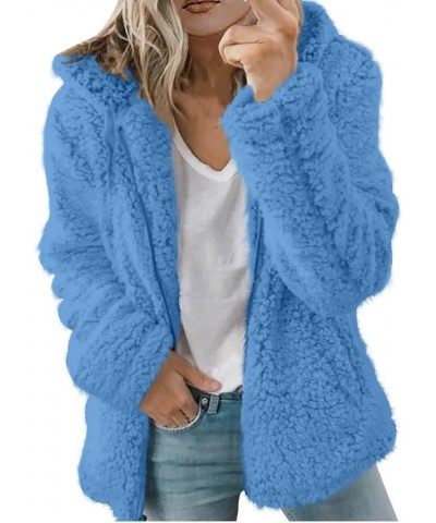 Women's Fur Jackets Fashion Solid Color Jacket Long Sleeve Zipper Hooded Plush Coat Fluffy Jackets, S-2XL 2-blue $9.17 Jackets