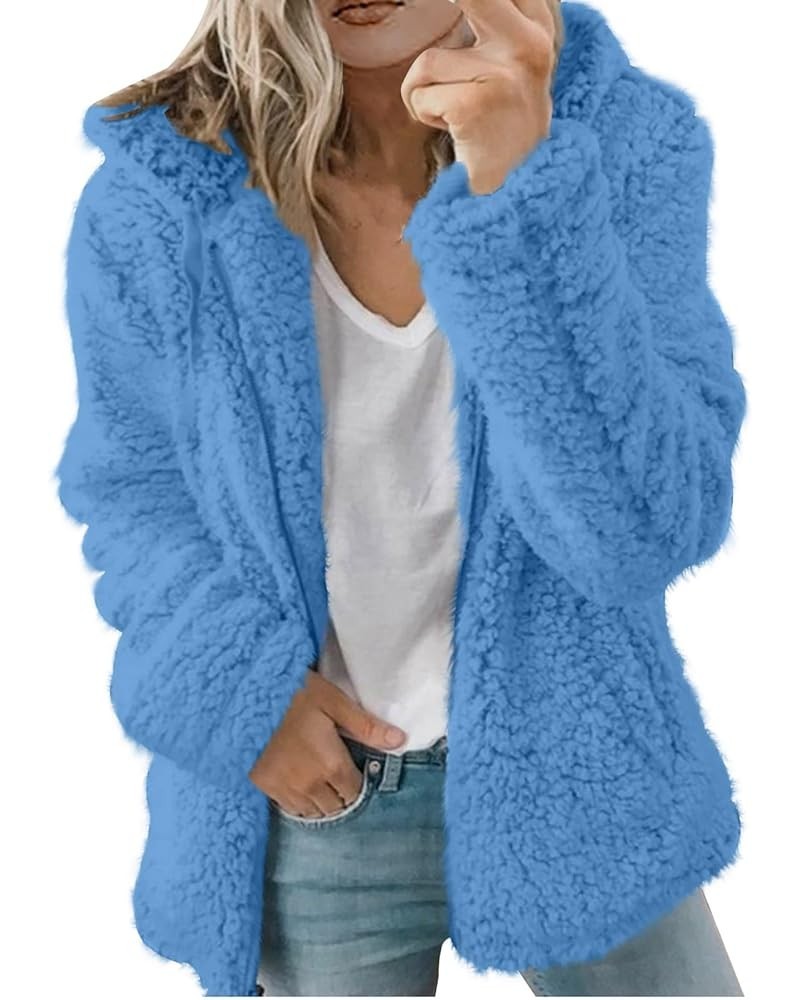 Women's Fur Jackets Fashion Solid Color Jacket Long Sleeve Zipper Hooded Plush Coat Fluffy Jackets, S-2XL 2-blue $9.17 Jackets